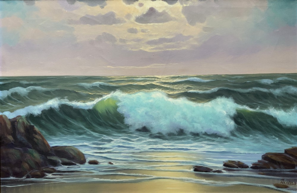 Seascape Oil Painting Mid-Century Vintage Crashing Waves Moonlit Signed Original View III