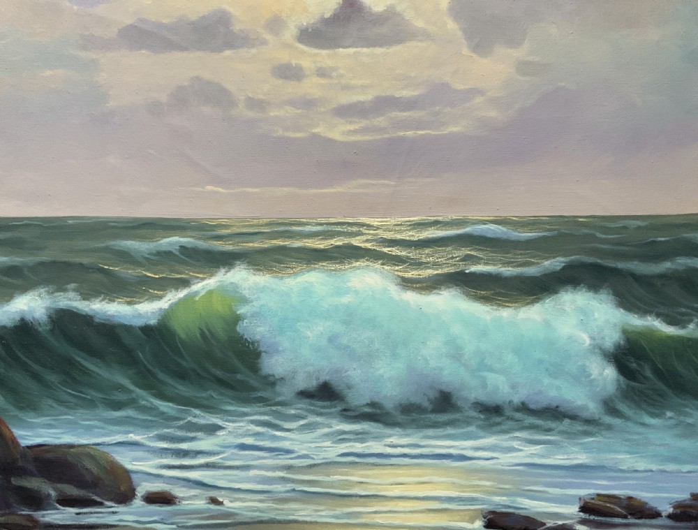 Seascape Oil Painting Mid-Century Vintage Crashing Waves Moonlit Signed Original View IV