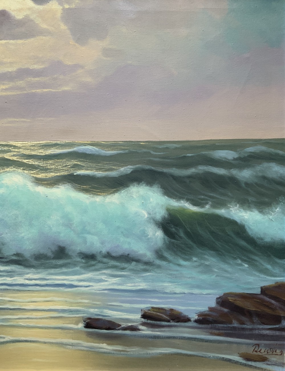 Seascape Oil Painting Mid-Century Vintage Crashing Waves Moonlit Signed Original View V