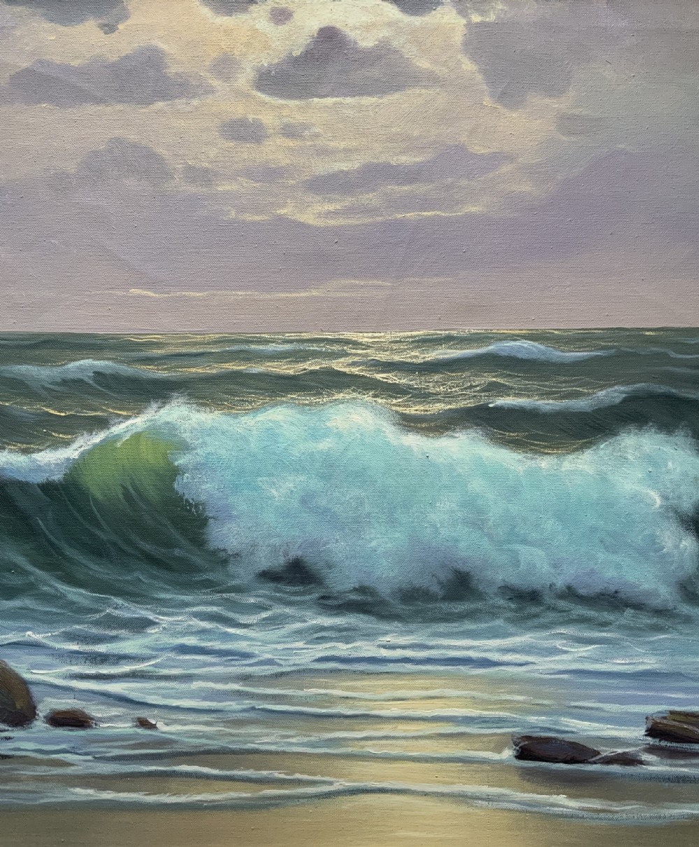 Seascape Oil Painting Mid-Century Vintage Crashing Waves Moonlit Signed Original View VI