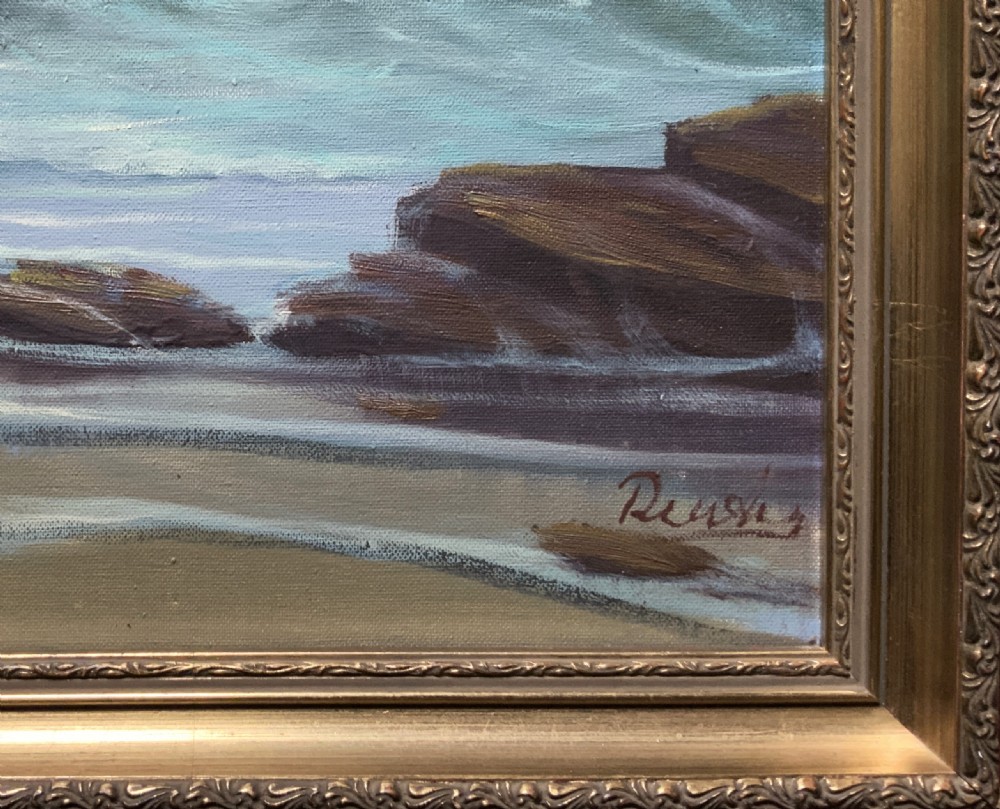 Seascape Oil Painting Mid-Century Vintage Crashing Waves Moonlit Signed Original View VII