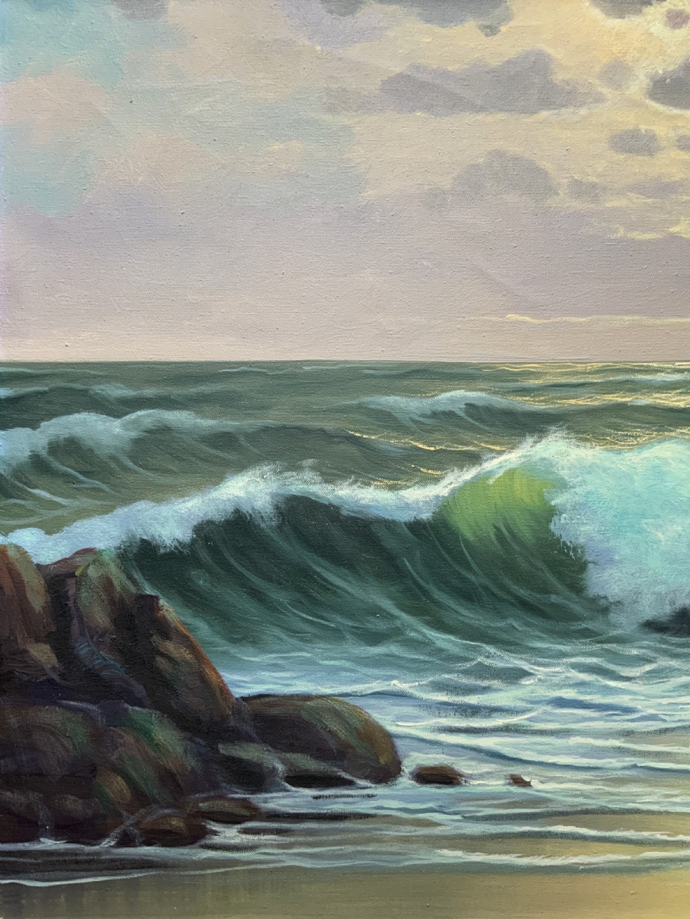 Seascape Oil Painting Mid-Century Vintage Crashing Waves Moonlit Signed Original View VIII
