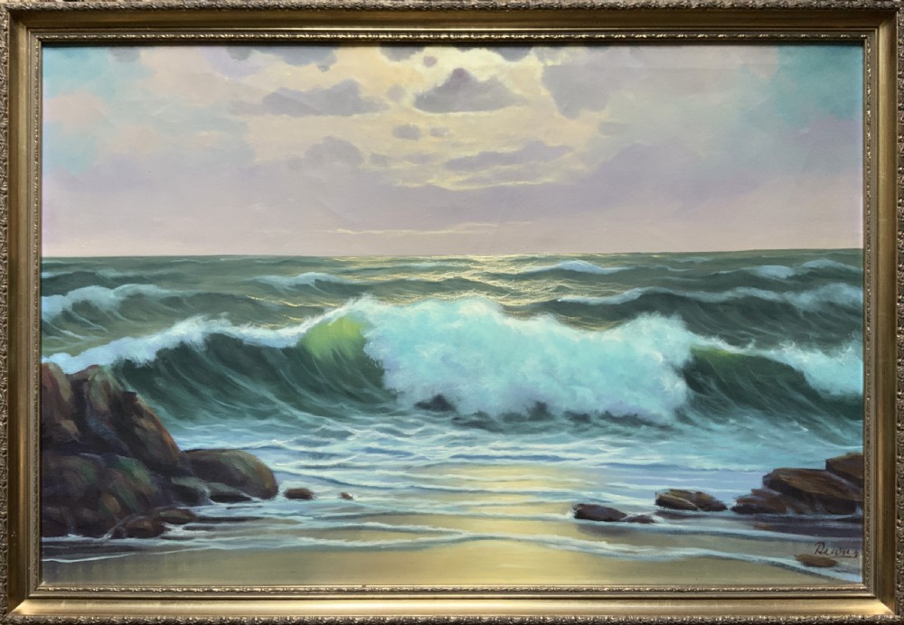 Seascape Oil Painting Mid-Century Vintage Crashing Waves Moonlit Signed Original View X