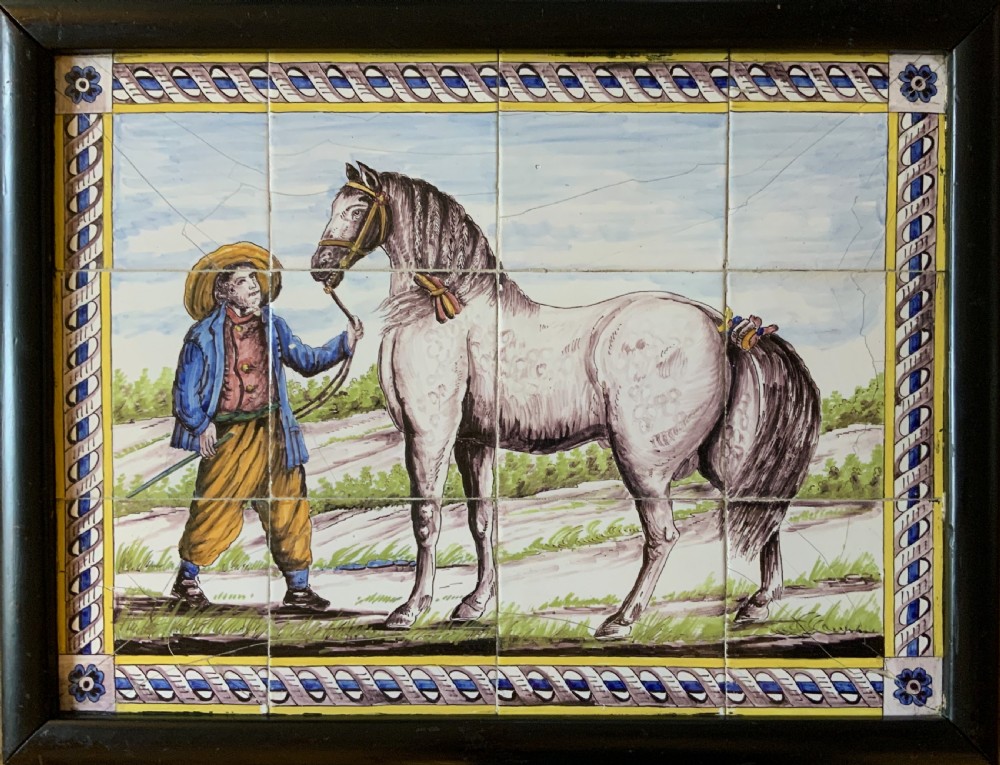 Dutch Delft Tile Tableau 18th-Century Polychrome Wall Picture Horse & Traine