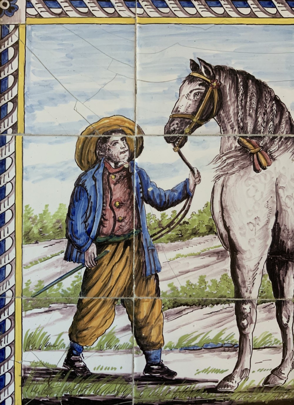 Dutch Delft Tile Tableau 18th-Century Polychrome Wall Picture Horse & Traine View IV