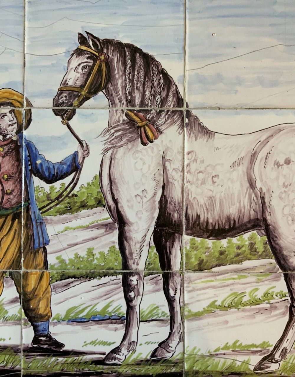 Dutch Delft Tile Tableau 18th-Century Polychrome Wall Picture Horse & Traine View V