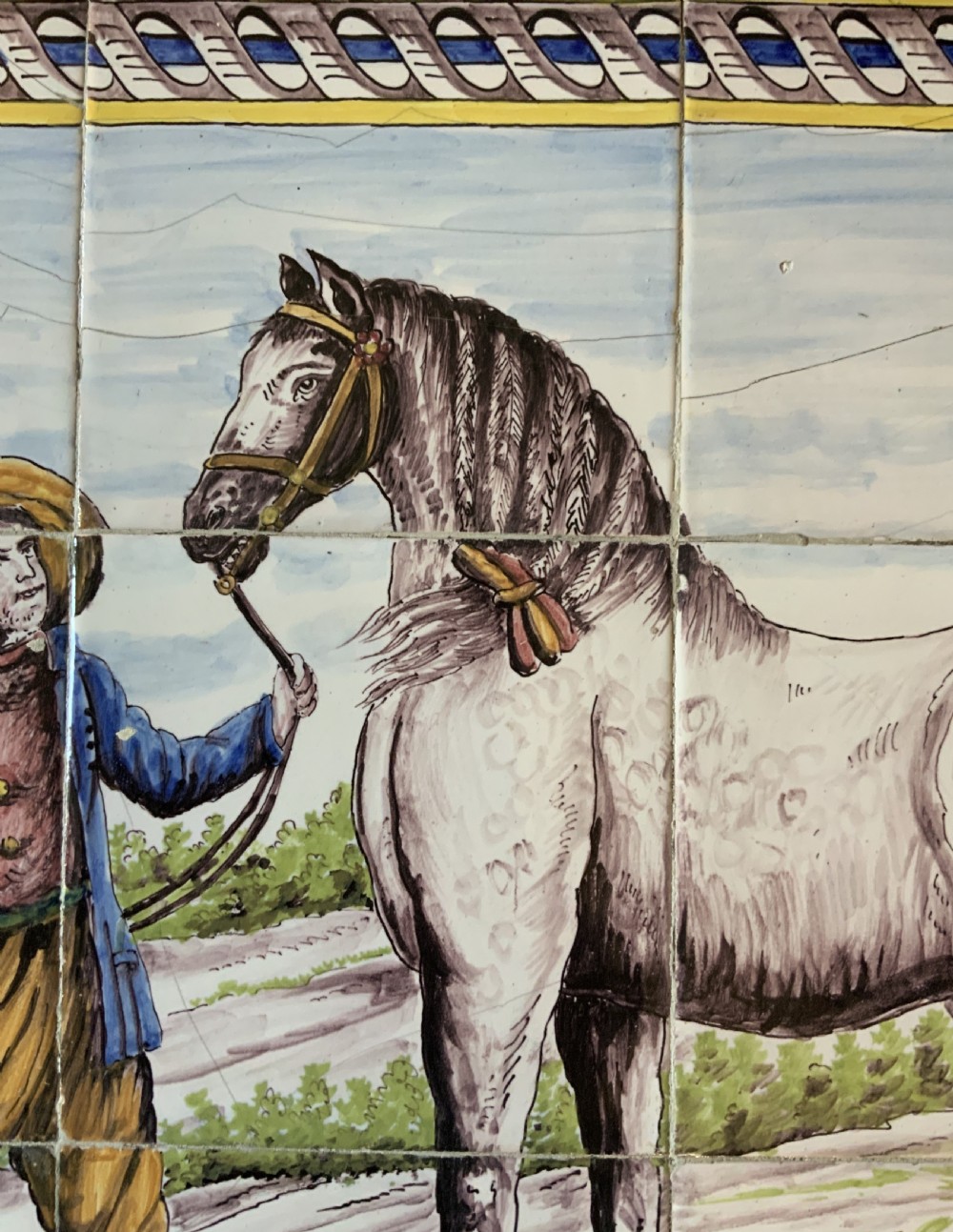 Dutch Delft Tile Tableau 18th-Century Polychrome Wall Picture Horse & Traine View VII