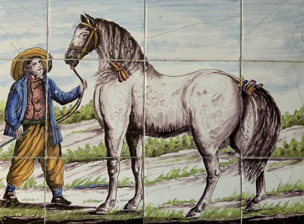 Dutch Delft Tile Tableau 18th-Century Polychrome Wall Picture Horse & Traine View VIII