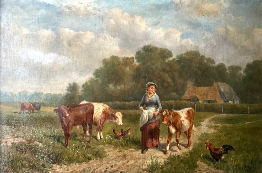 A 19th-century Victorian oil painting depicting a milkmaid leading a calf along a dirt path beside cattle and poultry in a pastoral landscape.