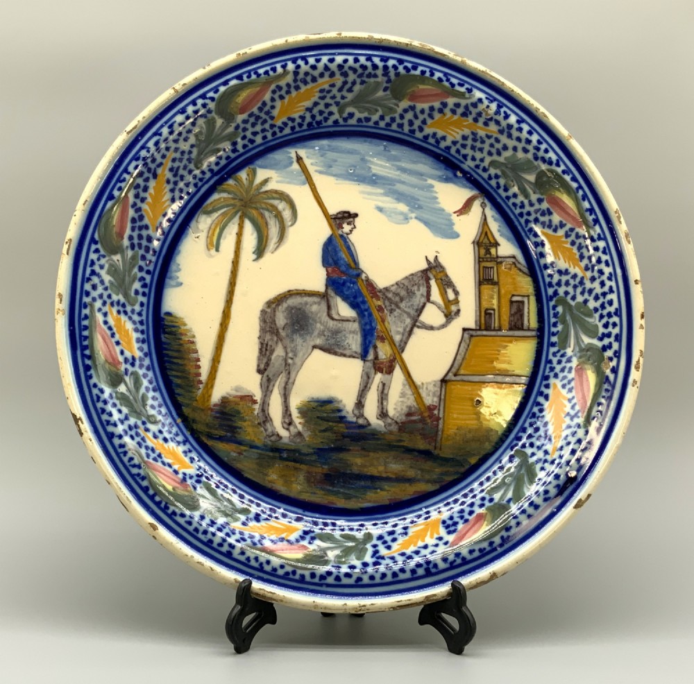 Huge 18th-Century Spanish Majolica Talavera Polychrome Horse & Rider Charger Plate
