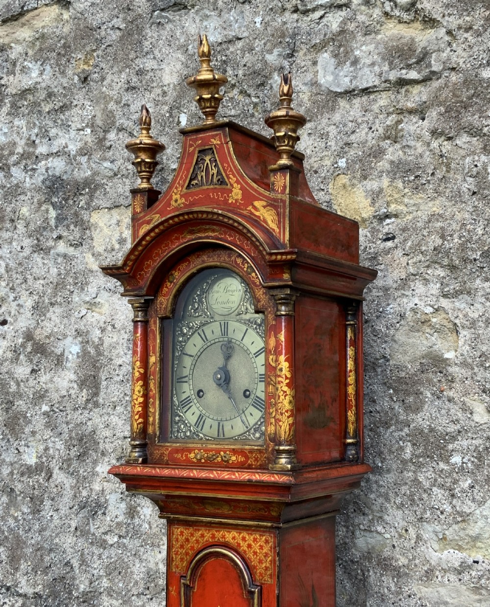 Rare 18th-Century Slim London Chinoiserie Lacquered 8-Day Longcase Clock C. 1780 View II