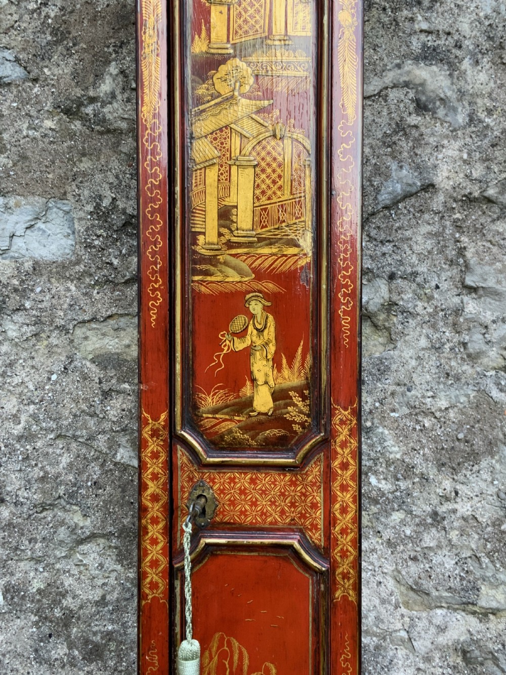 Rare 18th-Century Slim London Chinoiserie Lacquered 8-Day Longcase Clock C. 1780 View XV
