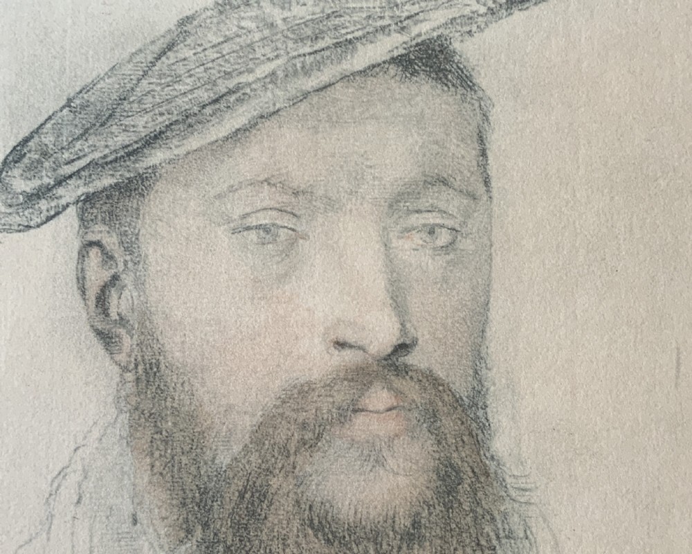 A framed portrait drawing of a bearded man in Tudor attire titled The Lord Vaux, presented in a black and gilt wooden frame. View VI