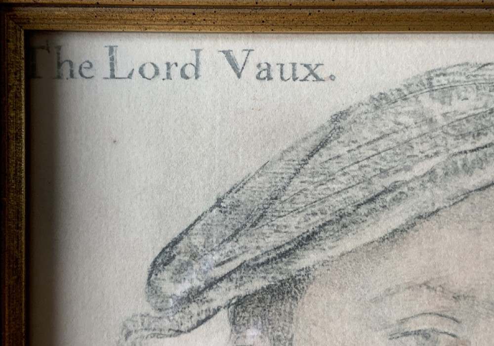 A framed portrait drawing of a bearded man in Tudor attire titled The Lord Vaux, presented in a black and gilt wooden frame. View IX