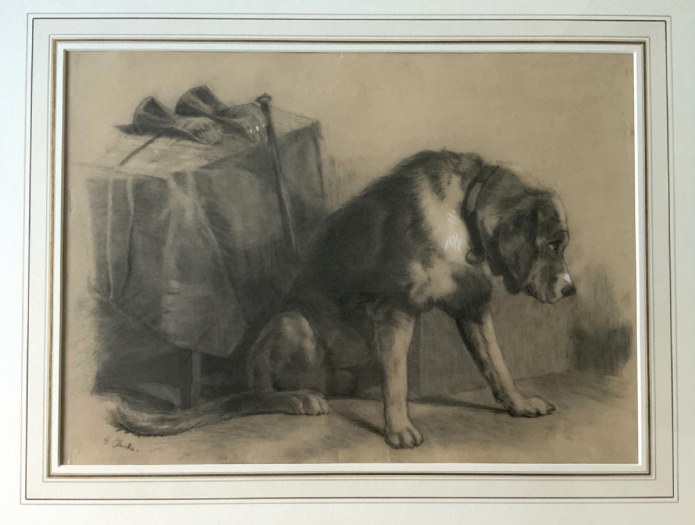 A framed monochrome charcoal drawing of a dog seated beside a draped table with a hat and walking stick resting on top.