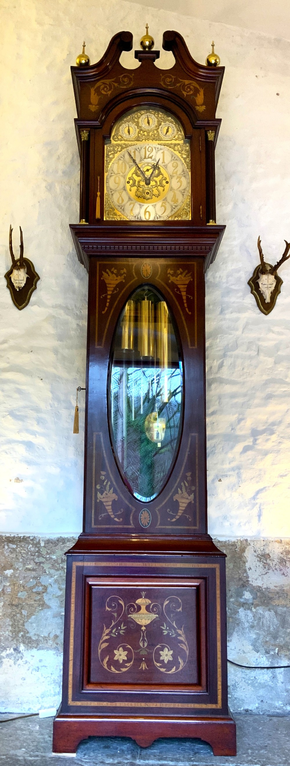 Substantial Exceptional Edwardian 9-Tube Musical Marquetry Longcase Clock