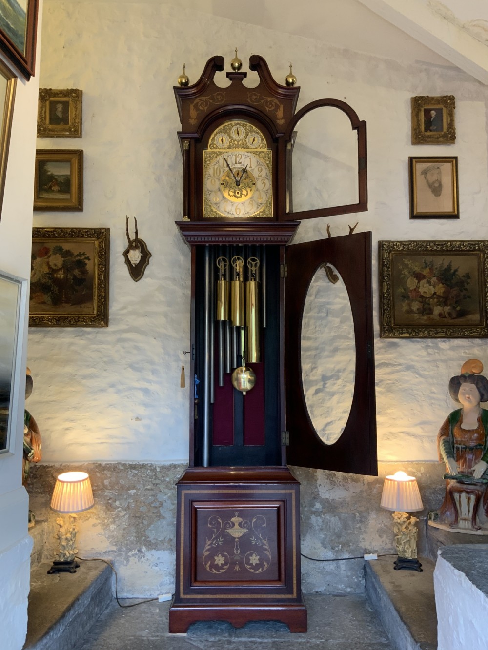 Substantial Exceptional Edwardian 9-Tube Musical Marquetry Longcase Clock View V
