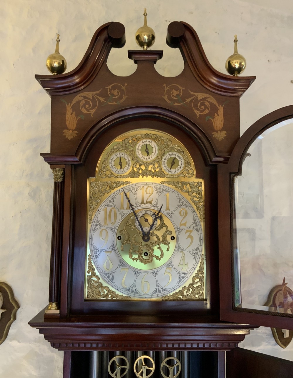 Substantial Exceptional Edwardian 9-Tube Musical Marquetry Longcase Clock View VI