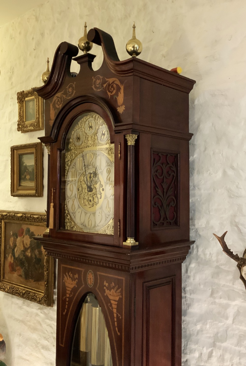 Substantial Exceptional Edwardian 9-Tube Musical Marquetry Longcase Clock View XV