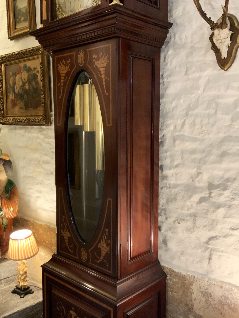 Substantial Exceptional Edwardian 9-Tube Musical Marquetry Longcase Clock View XVI