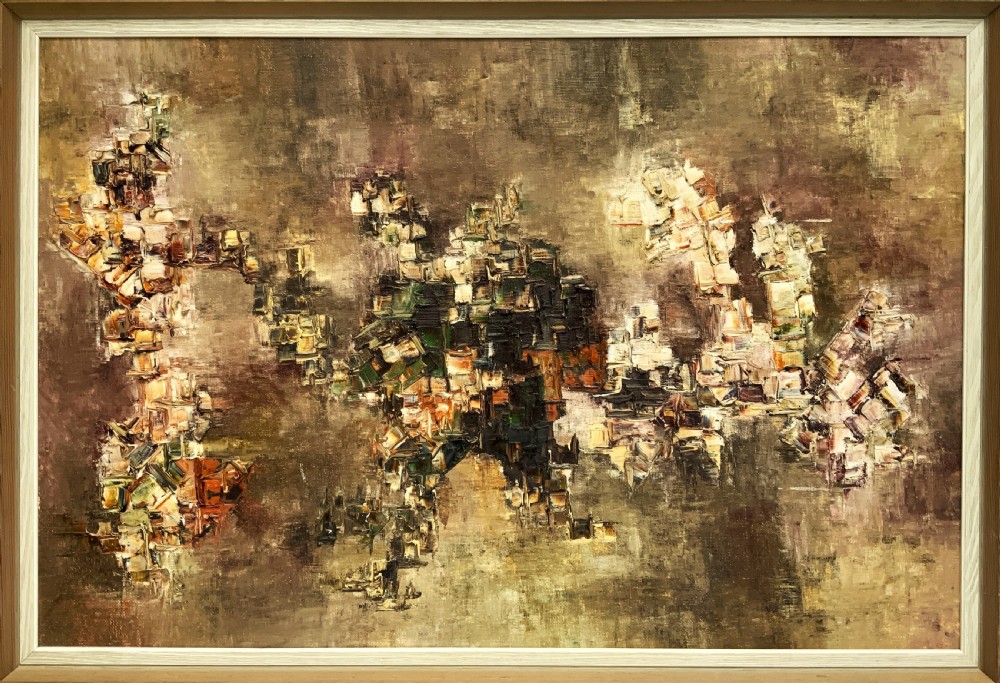 A large framed abstract oil painting featuring heavily textured impasto brushwork in shades of brown, beige, green, and cream.