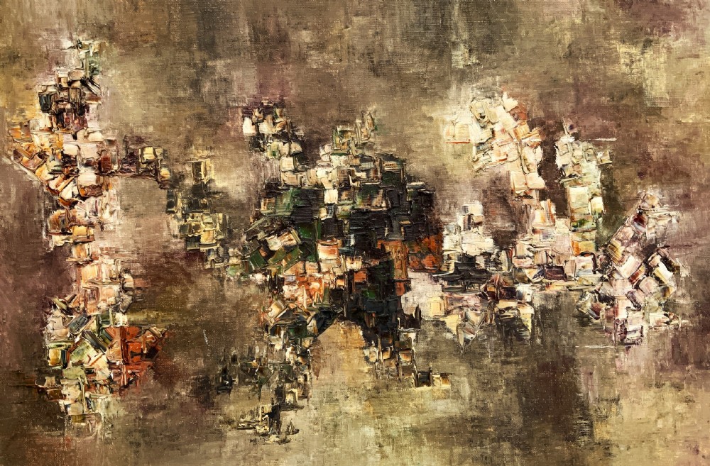 A large framed abstract oil painting featuring heavily textured impasto brushwork in shades of brown, beige, green, and cream. View III