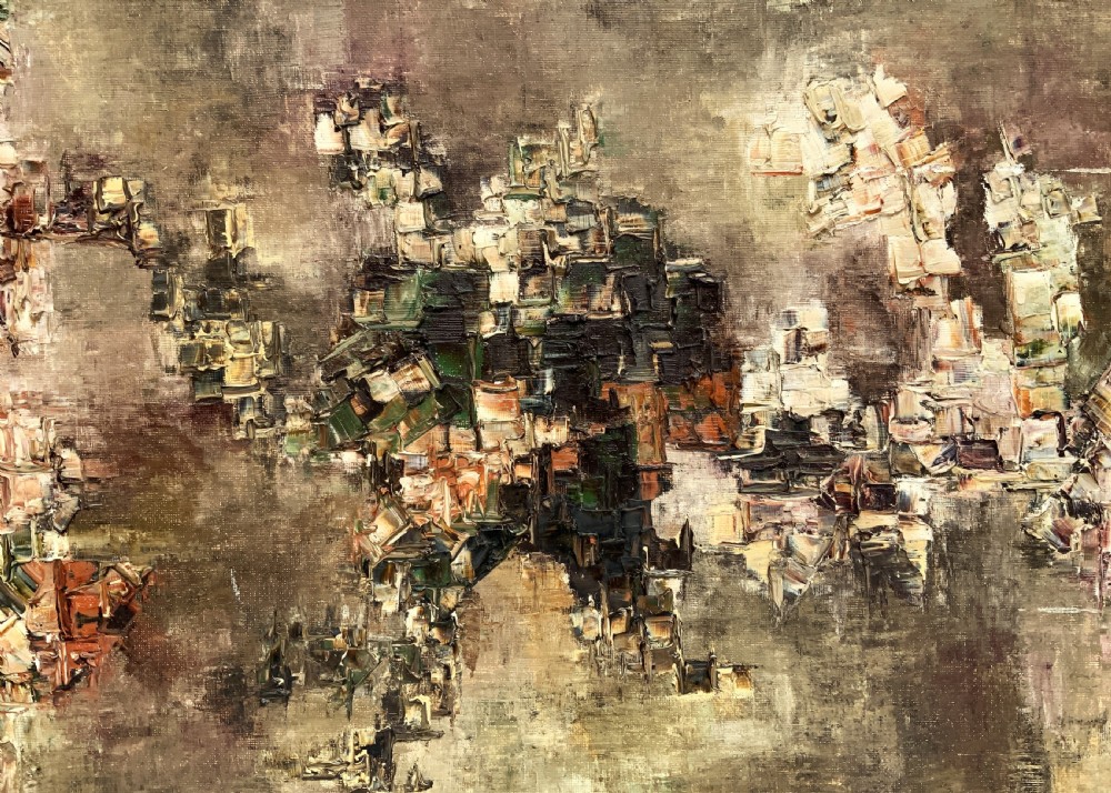 A large framed abstract oil painting featuring heavily textured impasto brushwork in shades of brown, beige, green, and cream. View IV