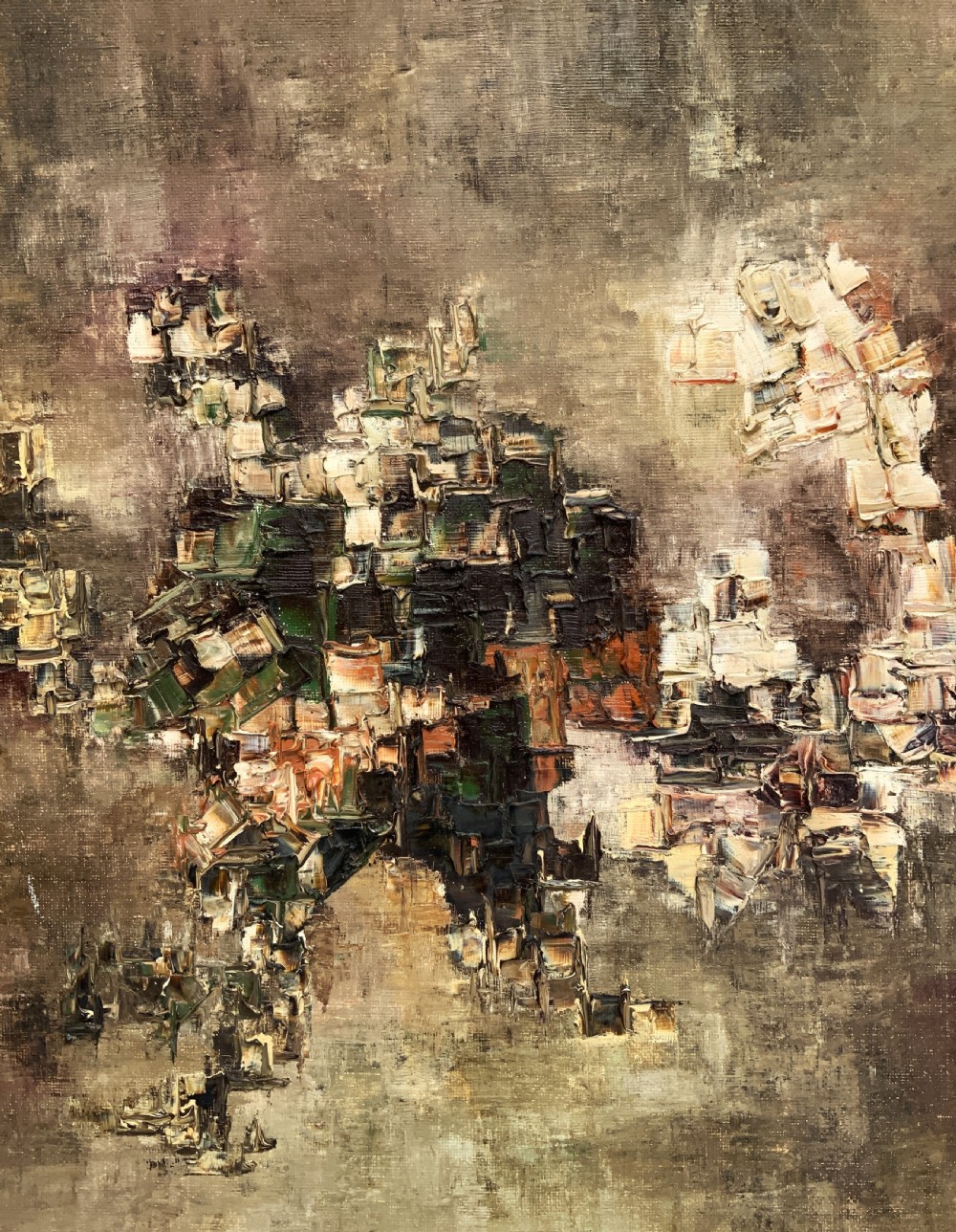 A large framed abstract oil painting featuring heavily textured impasto brushwork in shades of brown, beige, green, and cream. View VI