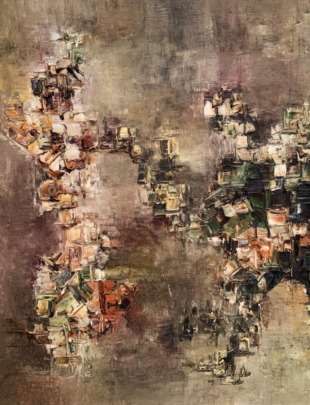A large framed abstract oil painting featuring heavily textured impasto brushwork in shades of brown, beige, green, and cream. View VII