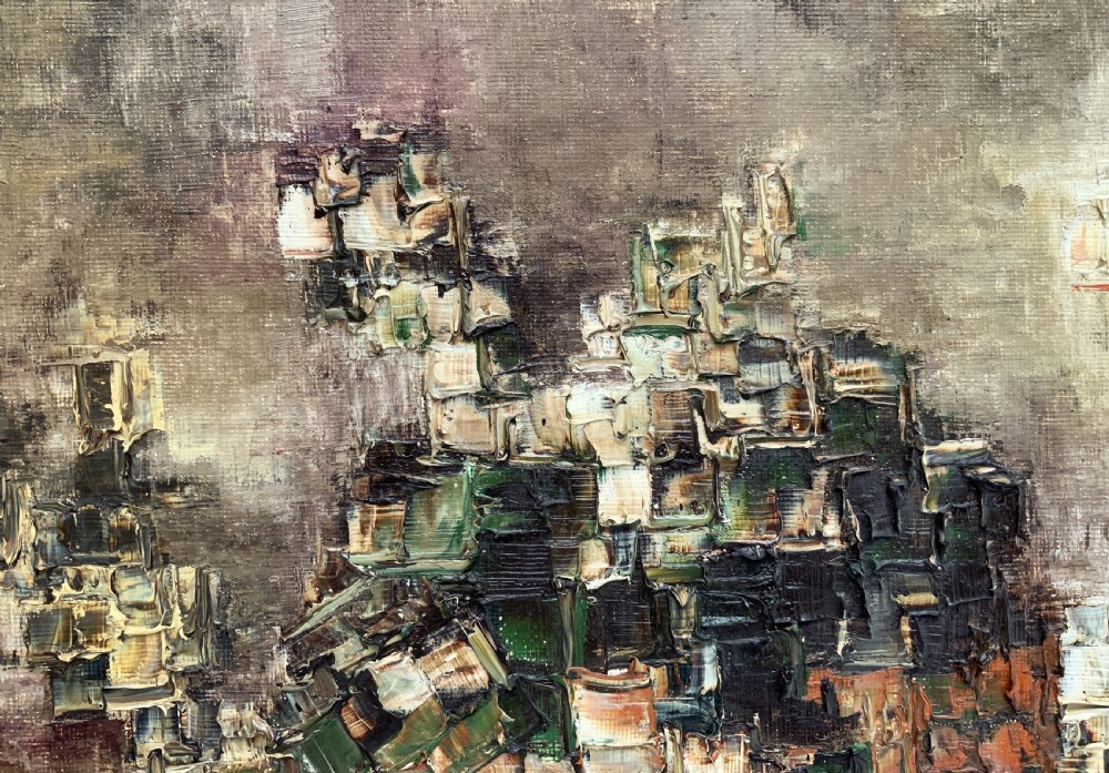 A large framed abstract oil painting featuring heavily textured impasto brushwork in shades of brown, beige, green, and cream. View VIII
