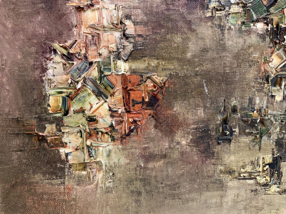 A large framed abstract oil painting featuring heavily textured impasto brushwork in shades of brown, beige, green, and cream. View IX