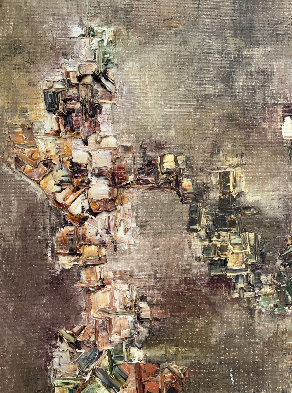 A large framed abstract oil painting featuring heavily textured impasto brushwork in shades of brown, beige, green, and cream. View X