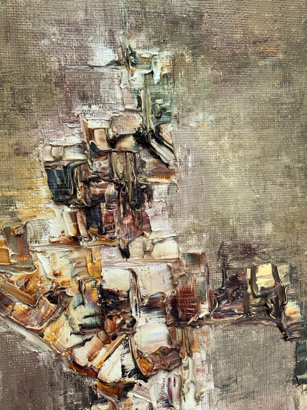 A large framed abstract oil painting featuring heavily textured impasto brushwork in shades of brown, beige, green, and cream. View XI