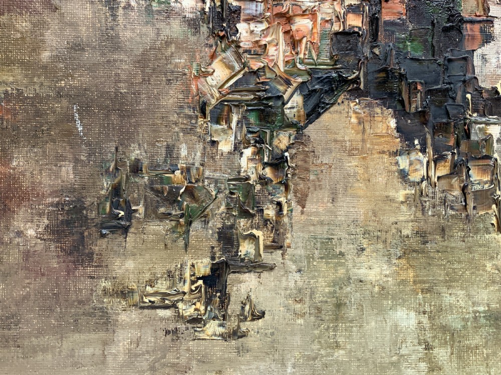 A large framed abstract oil painting featuring heavily textured impasto brushwork in shades of brown, beige, green, and cream. View XII