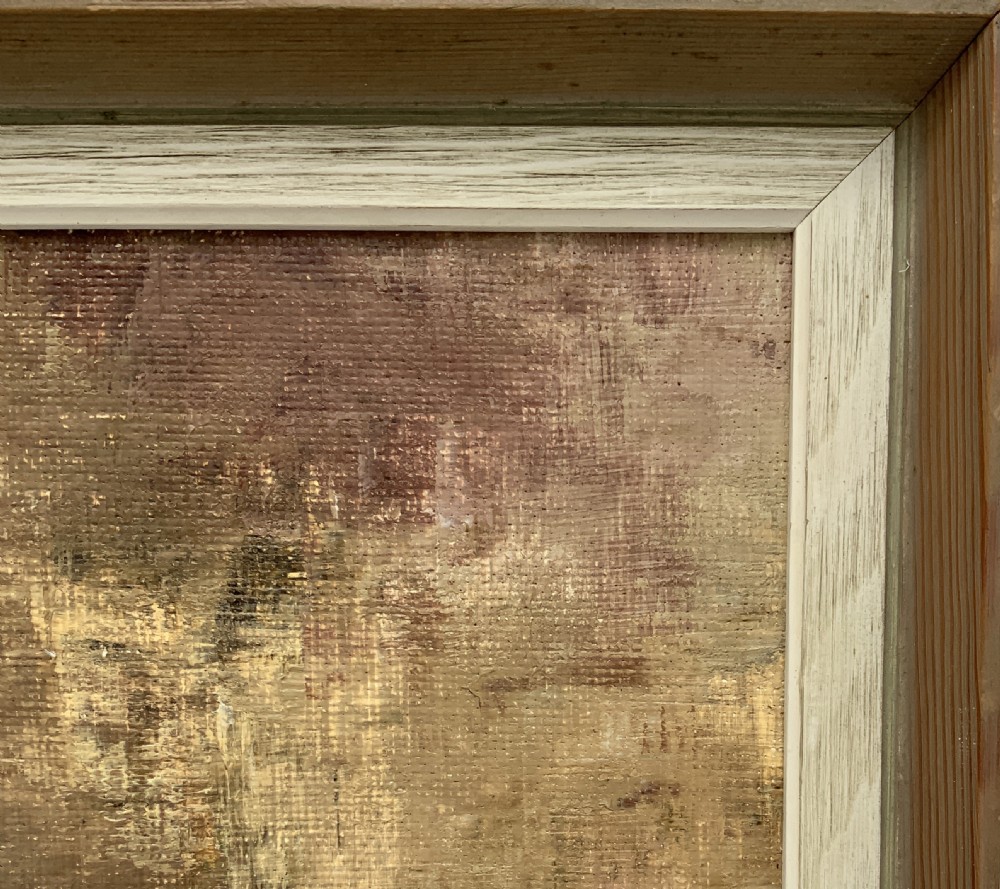 A large framed abstract oil painting featuring heavily textured impasto brushwork in shades of brown, beige, green, and cream. View XIII