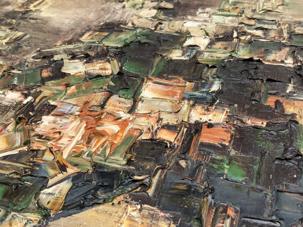 A large framed abstract oil painting featuring heavily textured impasto brushwork in shades of brown, beige, green, and cream. View XIV