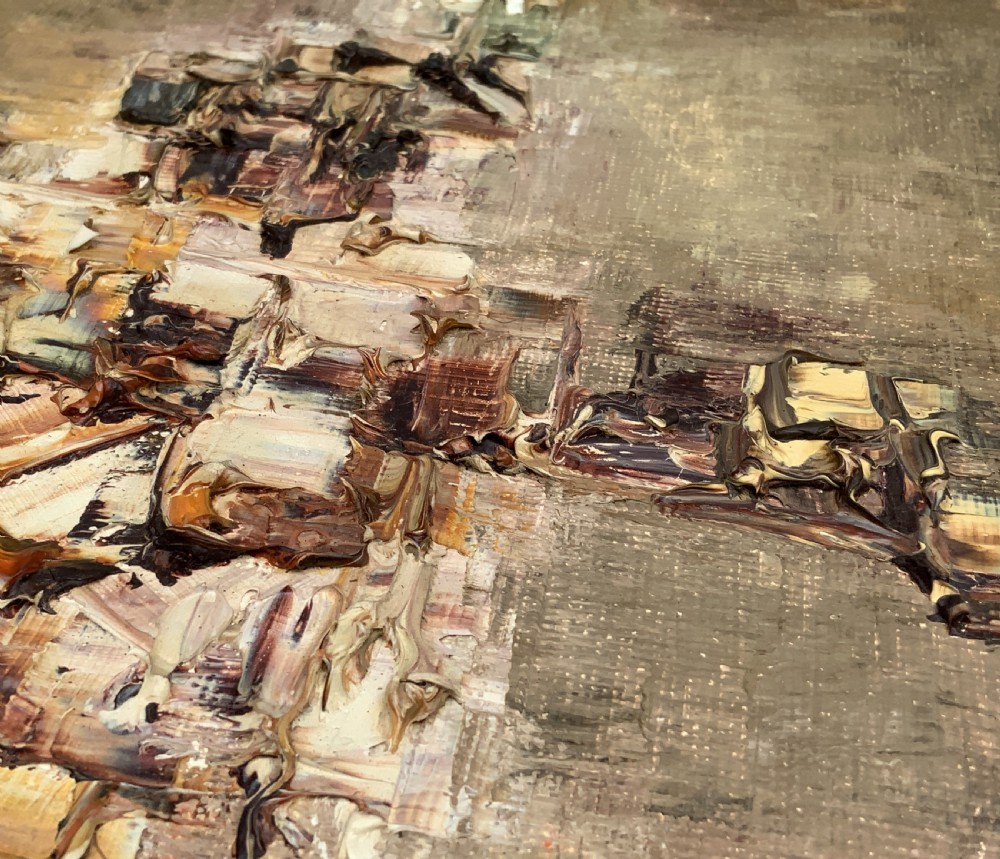 A large framed abstract oil painting featuring heavily textured impasto brushwork in shades of brown, beige, green, and cream. View XV