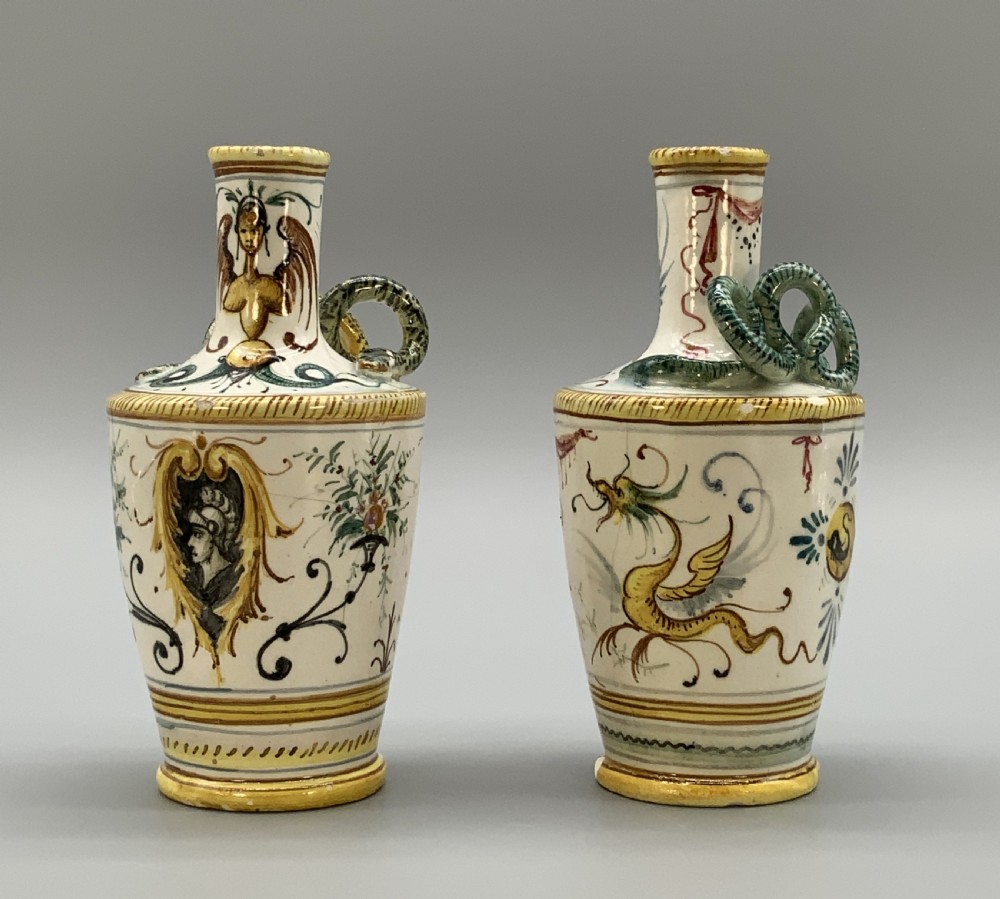 Pair Italian Majolica Renaissance Revival Snake Bottle Vases Polychrome 19thC