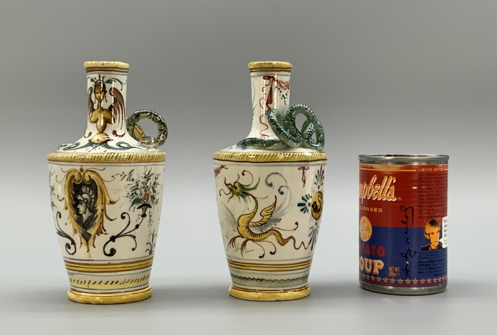 Pair Italian Majolica Renaissance Revival Snake Bottle Vases Polychrome 19thC View III