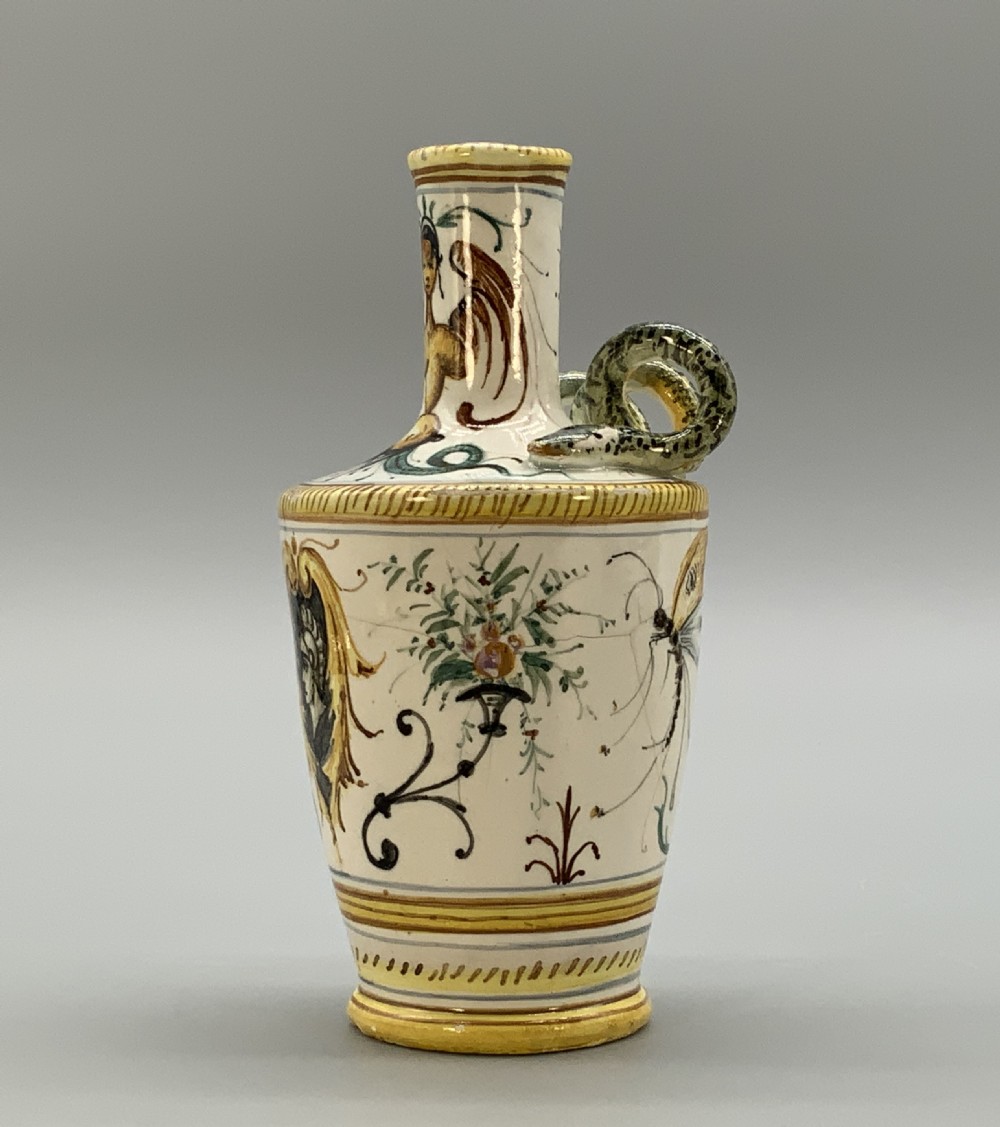 Pair Italian Majolica Renaissance Revival Snake Bottle Vases Polychrome 19thC View IV