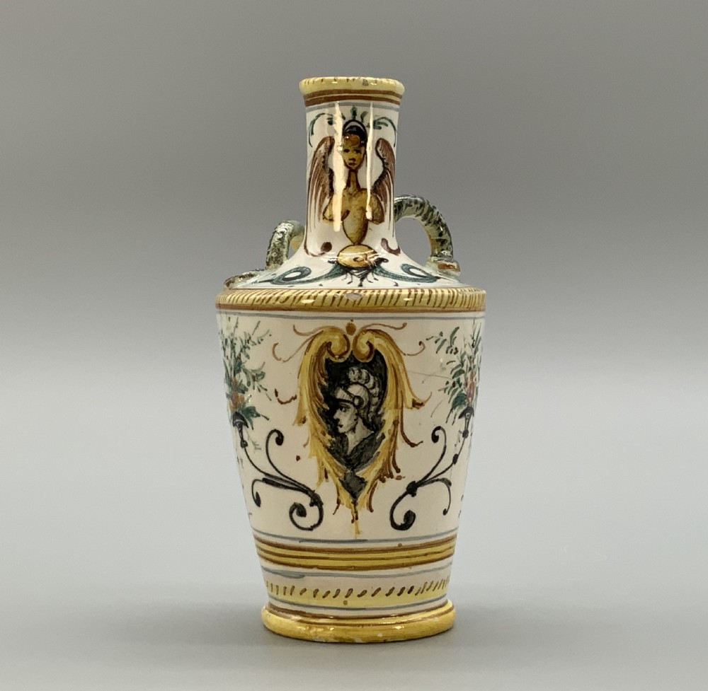 Pair Italian Majolica Renaissance Revival Snake Bottle Vases Polychrome 19thC View V