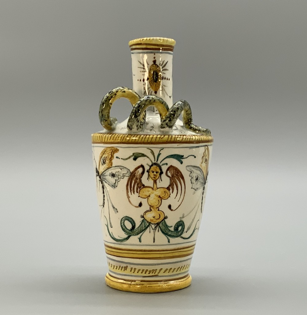 Pair Italian Majolica Renaissance Revival Snake Bottle Vases Polychrome 19thC View VI