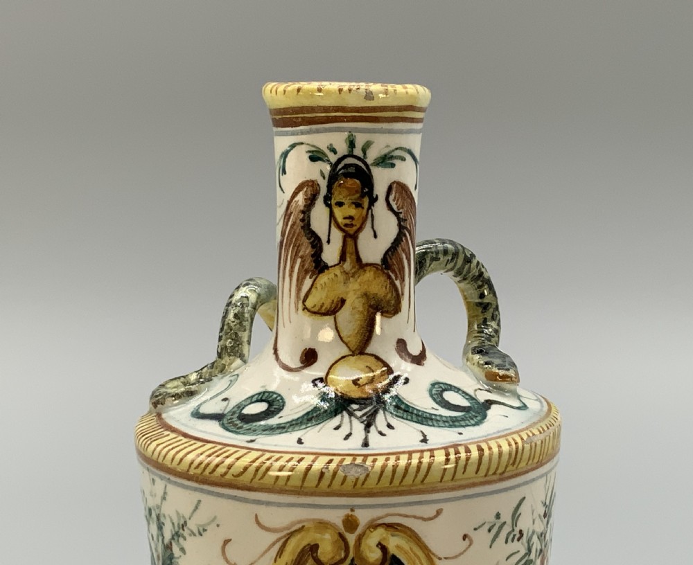 Pair Italian Majolica Renaissance Revival Snake Bottle Vases Polychrome 19thC View VIII