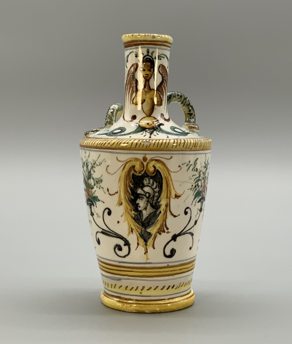 Pair Italian Majolica Renaissance Revival Snake Bottle Vases Polychrome 19thC View IX