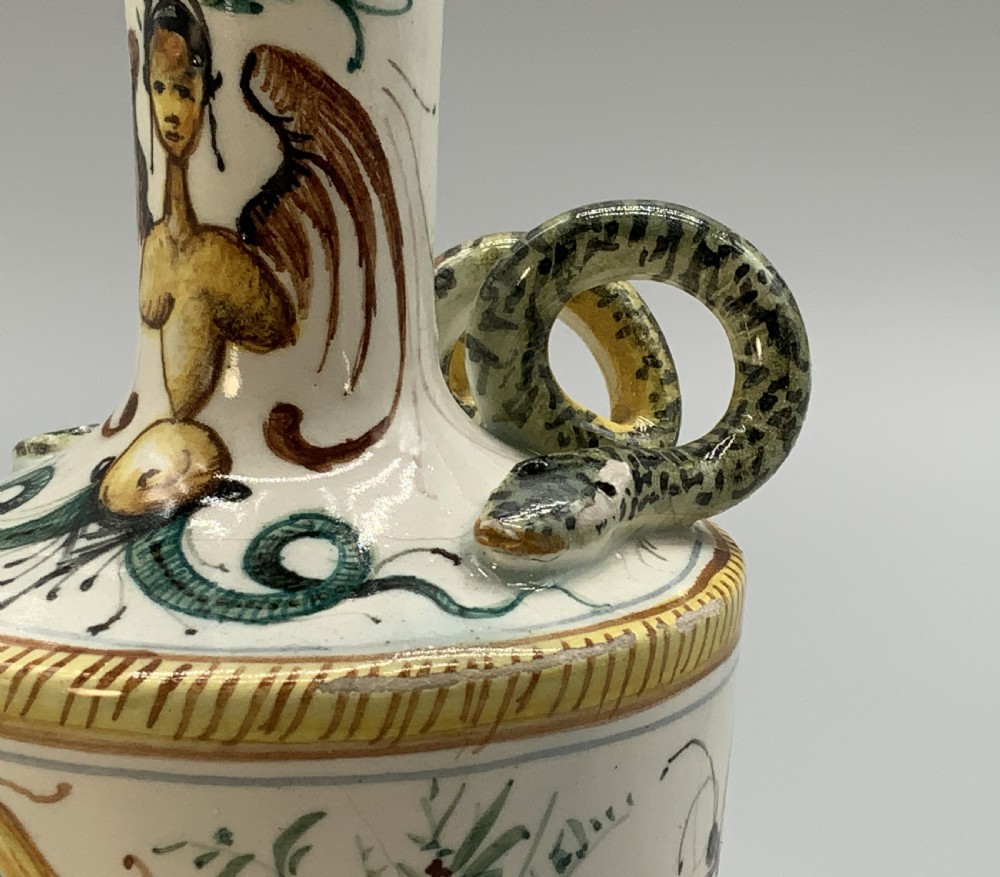 Pair Italian Majolica Renaissance Revival Snake Bottle Vases Polychrome 19thC View X