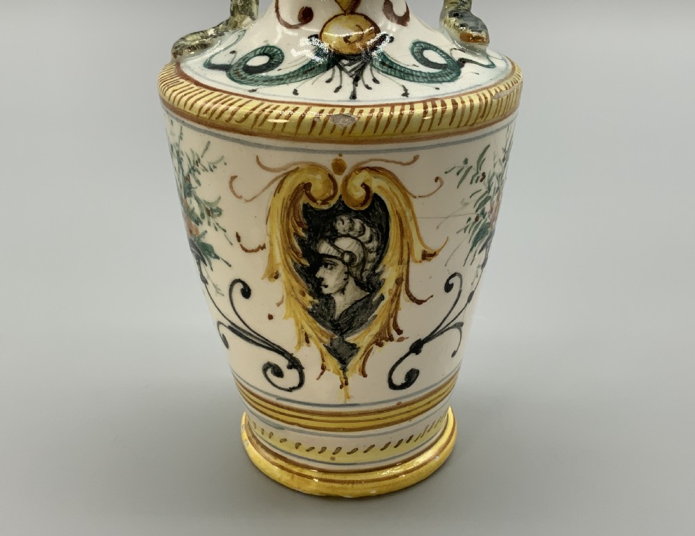 Pair Italian Majolica Renaissance Revival Snake Bottle Vases Polychrome 19thC View XI