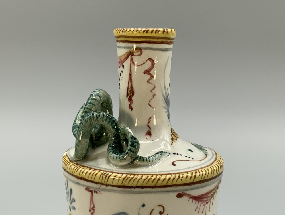 Pair Italian Majolica Renaissance Revival Snake Bottle Vases Polychrome 19thC View XIV