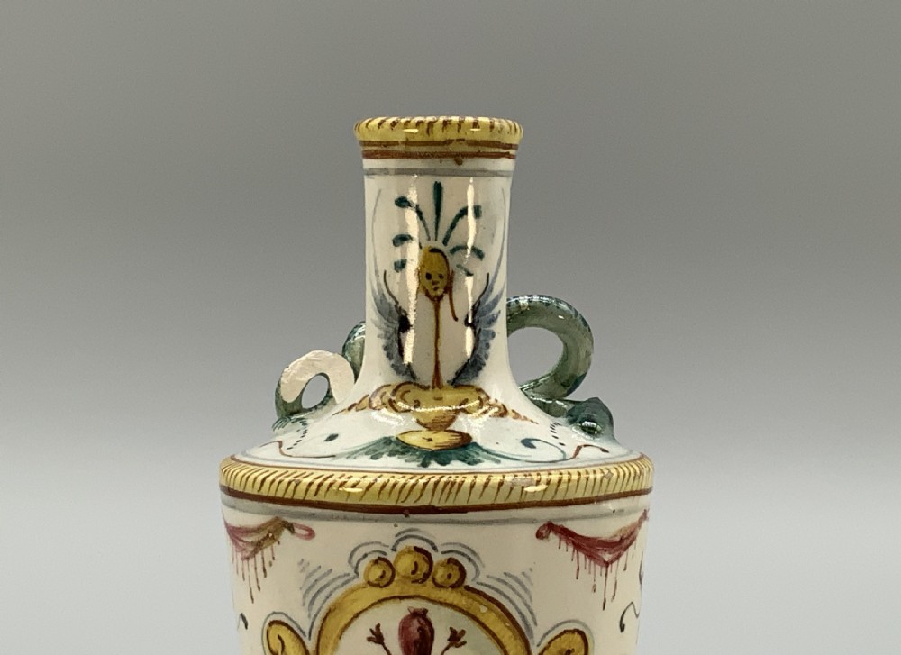 Pair Italian Majolica Renaissance Revival Snake Bottle Vases Polychrome 19thC View XV