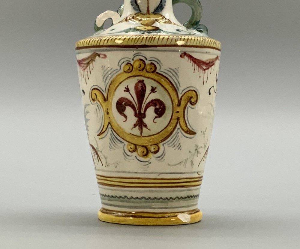 Pair Italian Majolica Renaissance Revival Snake Bottle Vases Polychrome 19thC View XVI