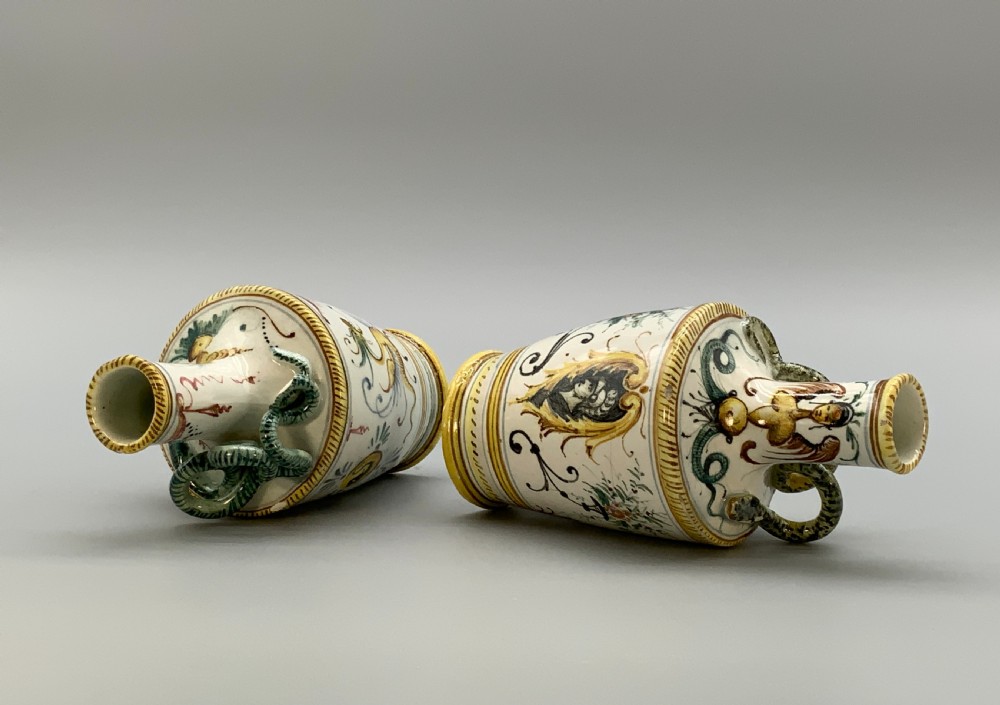 Pair Italian Majolica Renaissance Revival Snake Bottle Vases Polychrome 19thC View XVII
